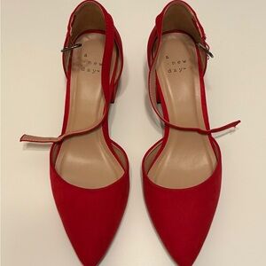 A New Day Red Block Ankle Strap Pointed Toe Heels